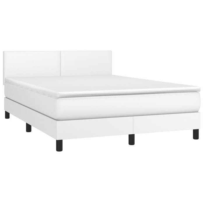 Sommier à lattes avec matelas - 140x190 cm - Similicuir Blanc - LED Colorée - 2 Places