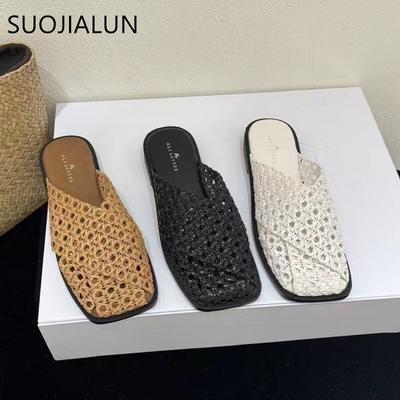 Fashion SUOJIALUN 2025 Autumn Women Slip On Mules Shoes Fashion Weave Hollow Out Ladies Elegant Slipper Soft Flat Heel Casual Slides Sho
