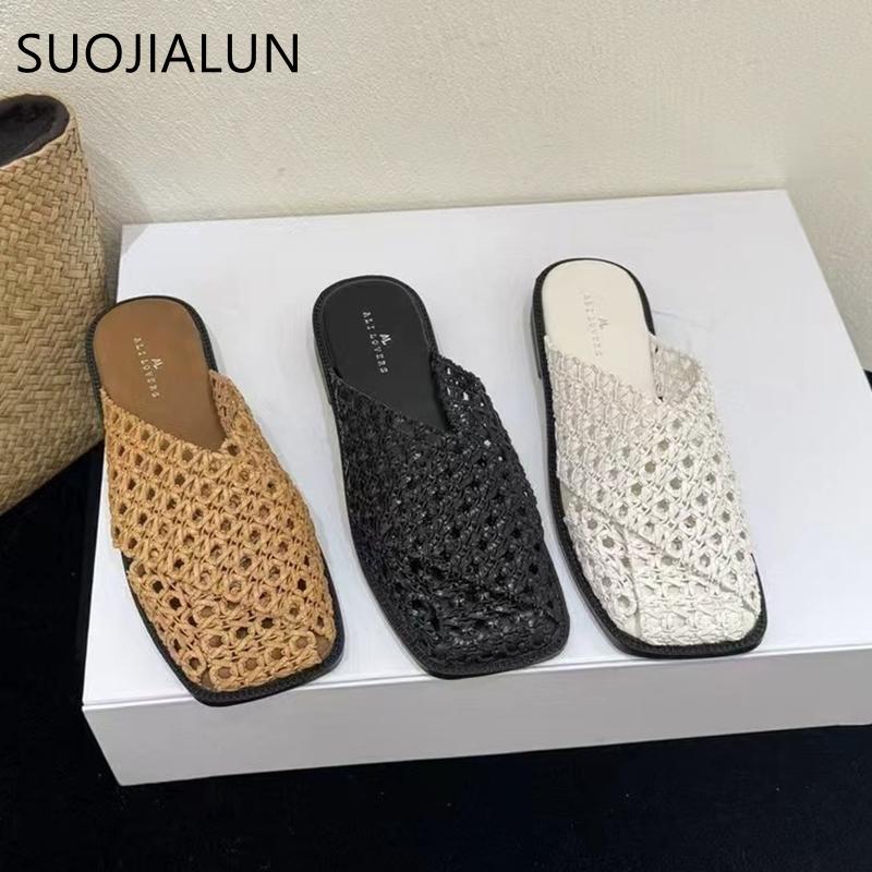 Fashion SUOJIALUN 2025 Autumn Women Slip On Mules Shoes Fashion Weave Hollow Out Ladies Elegant Slipper Soft Flat Heel Casual Slides Sho