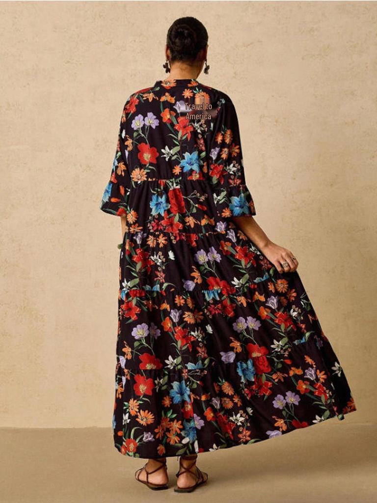 Plus Size Bohemian V-neck Long Dress - Spring/Summer European American Ethnic Style