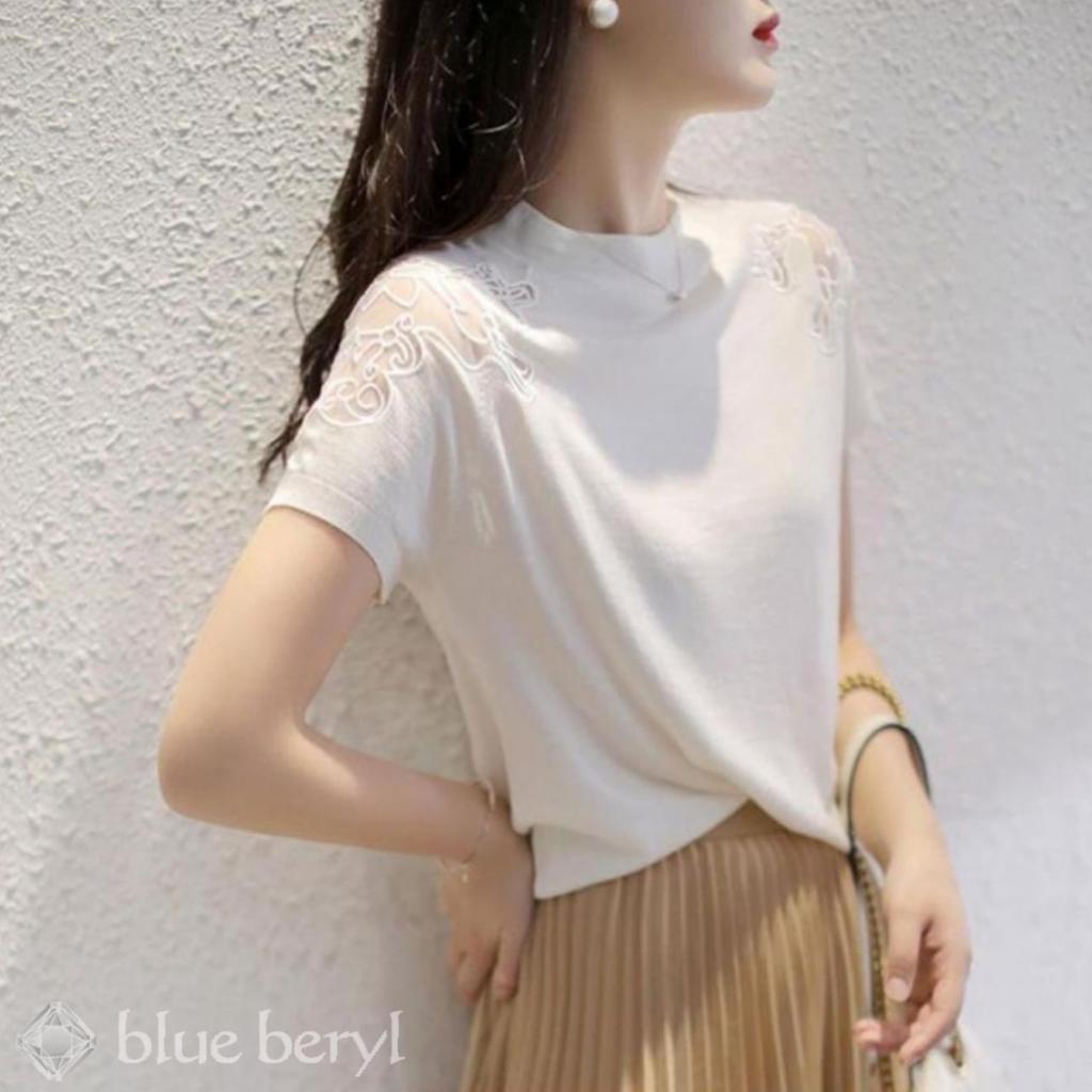 Summer Knit Top for Short Lace Round Cool Round Mature Sweet and Beautiful Mature Office [blue Beryl] Women, Sleeves, Switching, See-through, Neck,