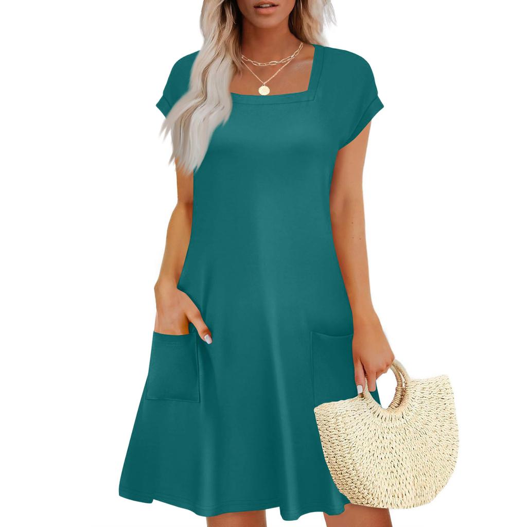 Summer Dresses for Women Loose Square Neck Cap Sleeve Casual Beach Vacation Tshirt Dress Sundresses with Pockets