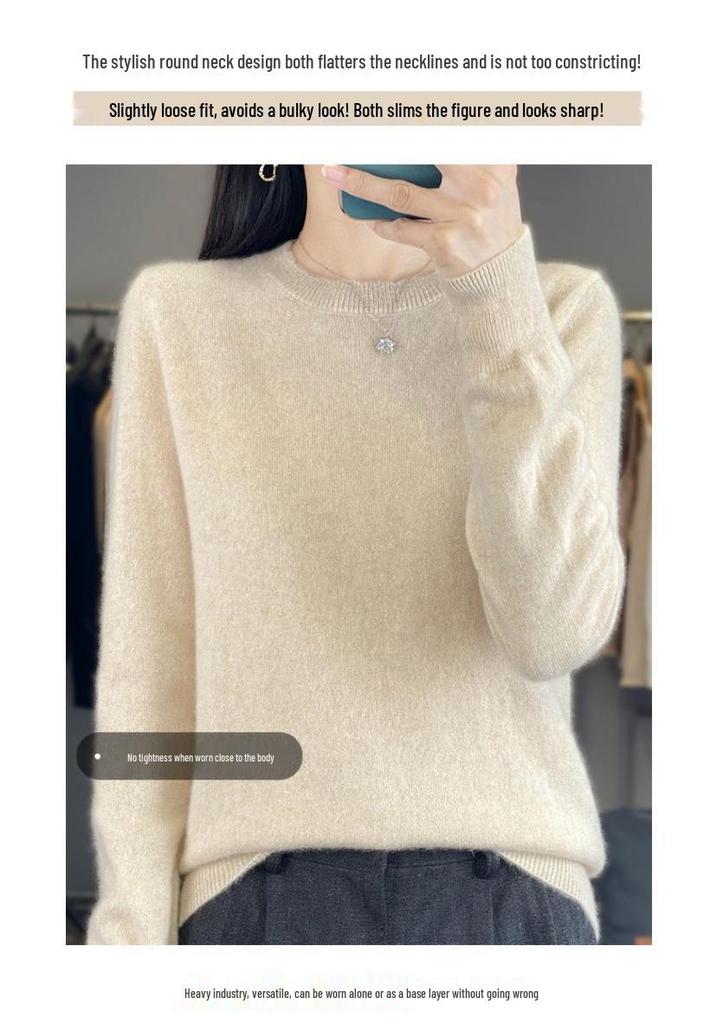 Women's 100% Pure Wool Lace Collar Round Neck Sweater - Autumn/Winter Plus Size Knit Pullover