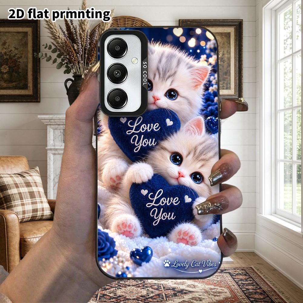Phone Case: 2D Flat Samsung Galaxy A34 A35 M05 M06 S20 S22 S21 FE Plus 5G Protective Case, Couples Style, Heart with Two Little Cats, Christmas and Ha