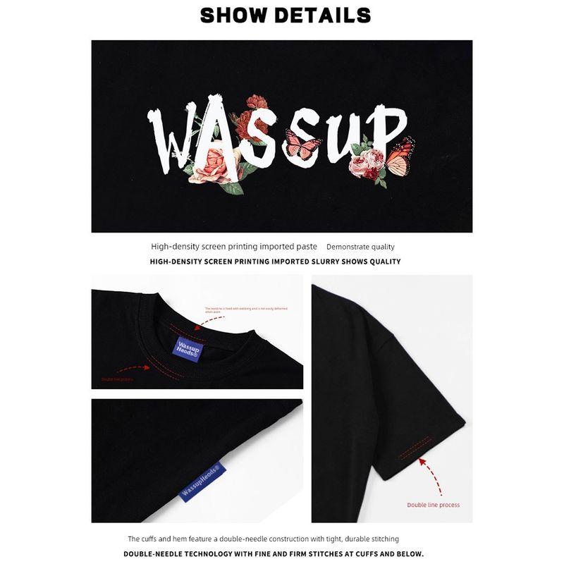Wassup Heods Rose Letter Short-Sleeved Men's Summer 2024 New National Fashion Brand Casual Couple Half-Sleeved Top