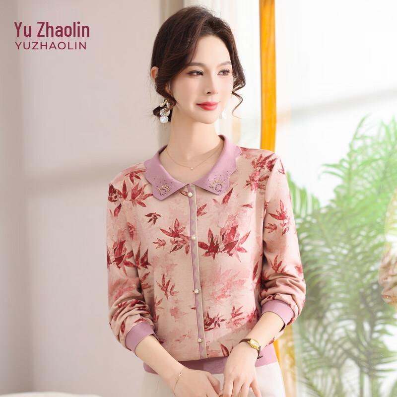 YUZHAOLIN Women s Floral Print Lapel Knit T-Shirt 4XL