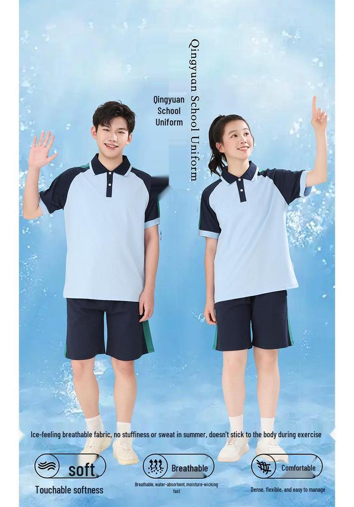 Qingyuan Schuluniformen - Cooles Sorona-Gewebe, Antibakteriell & Feuchtigkeitsableitend, Kurzarm & Shorts für Jungen & Mädchen.