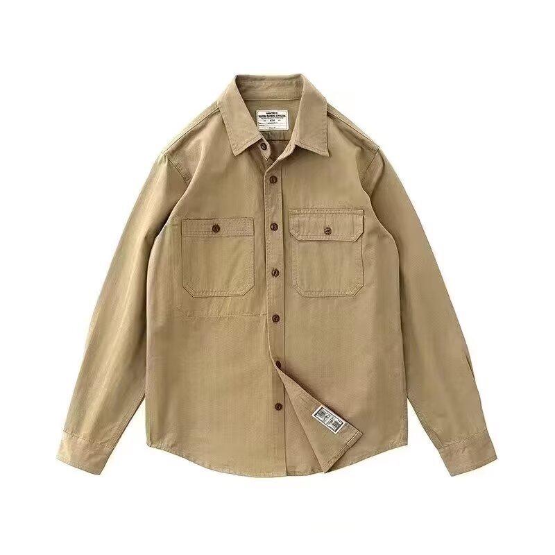 Men's Khaki Military Green Retro Shirt Jacket for Spring and Autumn