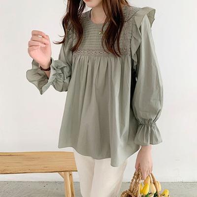 Women Shirt Round Neck Lantern Long Sleeve Pullover Tops Solid Color Loose Fit Ruffle Trim Pleated Blouse Daily Wear