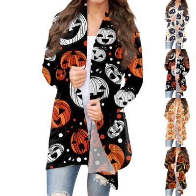 Women's Fashion Casual Halloween Printed Long Sleeve Mid-Length Cardigan Jacket Tops