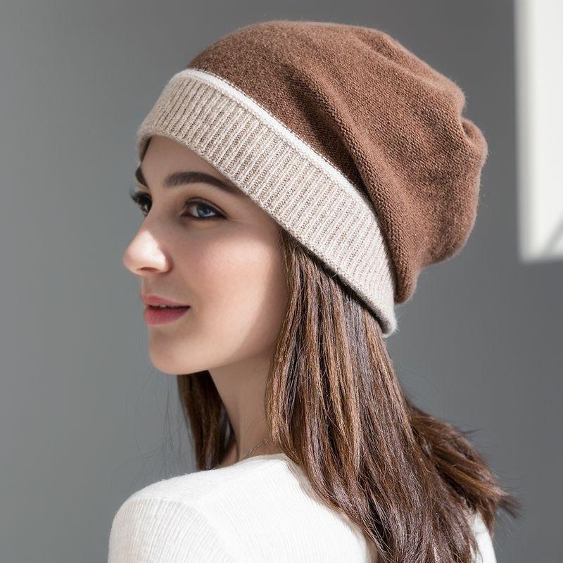 Autumn and Winter Piece Together Color Thickened for Keep Warmth Knitted Mao Line Hat Women Fashion Ear Protection Baotou Knitted Heap Heap Hat