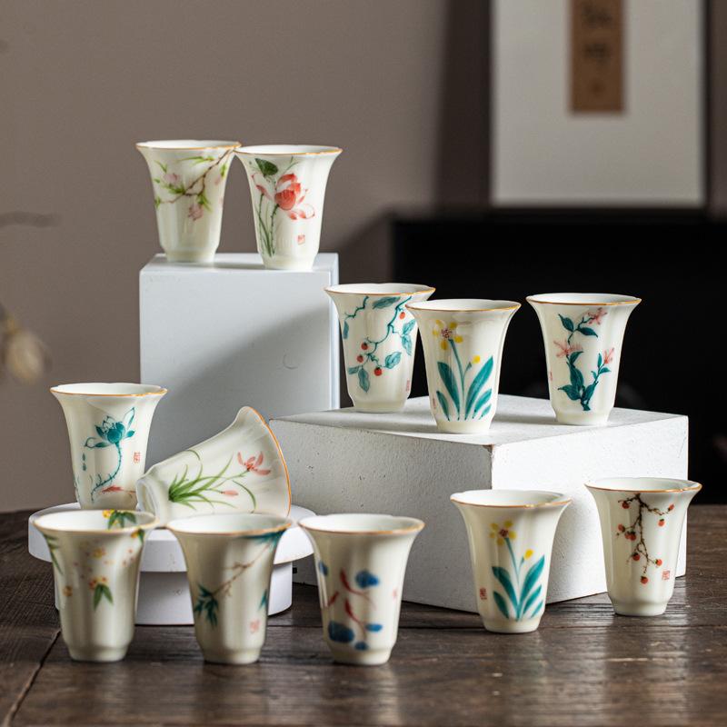 Honey Yellow Underglaze Hand Painted Aroma Cup Ceramic Sniffer Cup for Gongfu Tea Tasting Floral Design Chinese Style