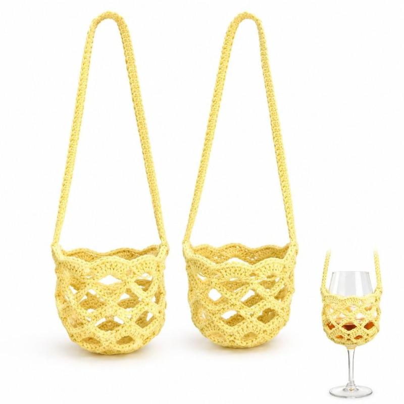Portable Knitted Crochet Wine Glass Crossbody Holder Hollow Stylish Sleeve for Patio Gathering Cocktail Party 1Pcs