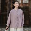 Johnature Women Vintage Shirts Spring Chinese Style Solid Color Stand Long Sleeve Button Pockets Blouses
