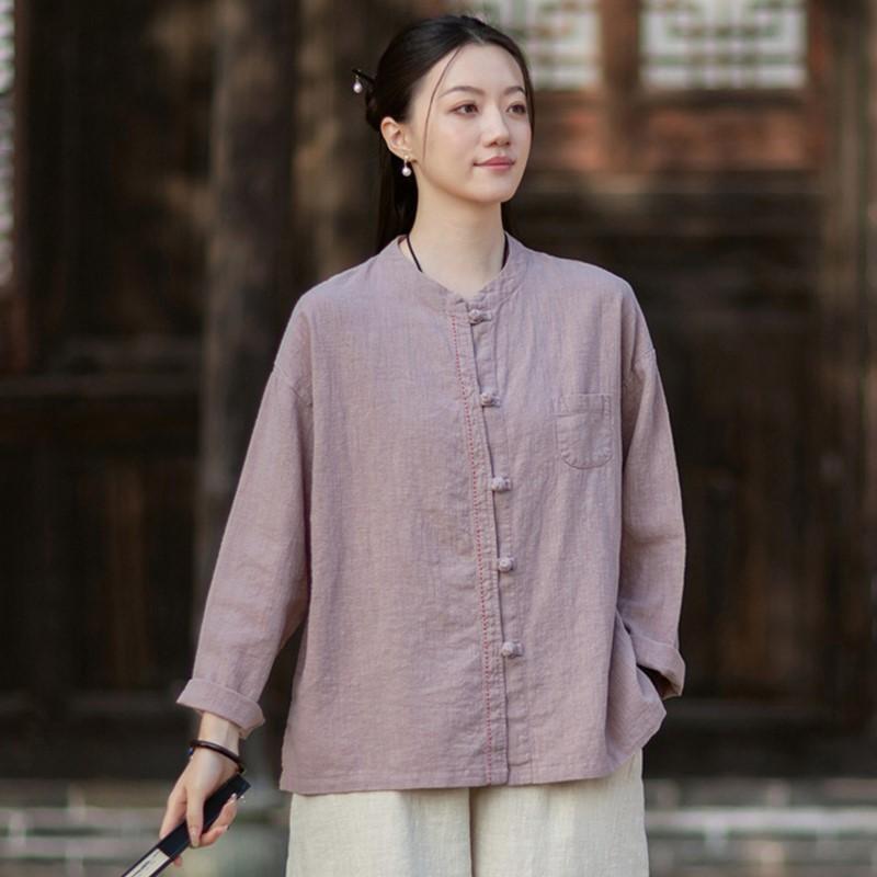 Johnature Women Vintage Shirts Spring Chinese Style Solid Color Stand Long Sleeve Button Pockets Blouses