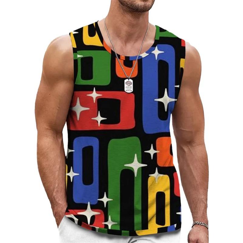 Sommar Rundhalsad 3D Retro Geometrisk Grafisk Tryckt Topp Moderiktig Casual Ärmlös Väst Herr T-shirts