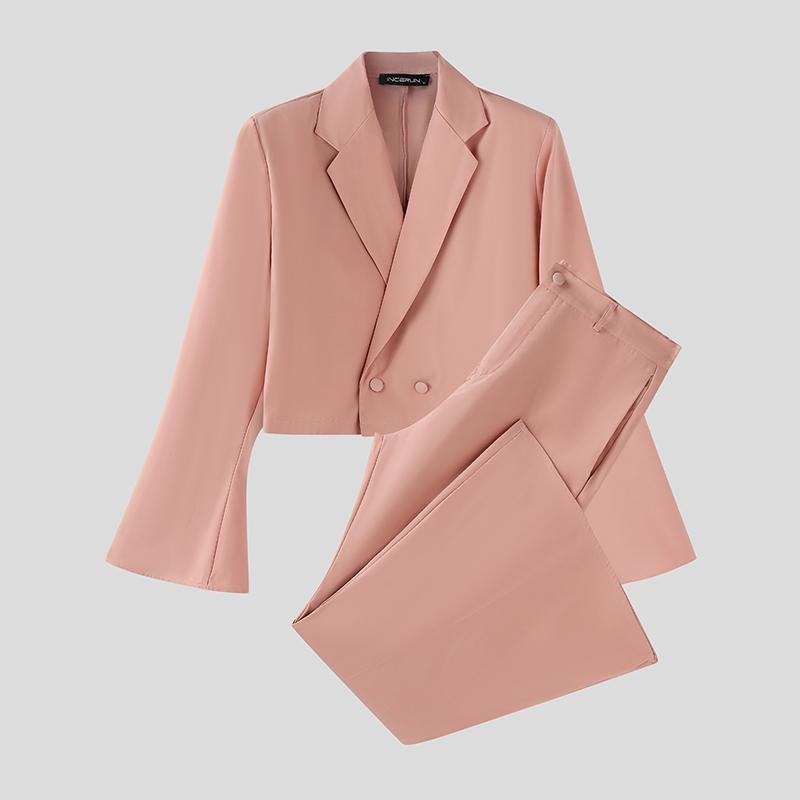 INCERUN Two Pieces Outfits Men Lapel Long Sleeve Cropped Blazer Long Flare Pants Sets