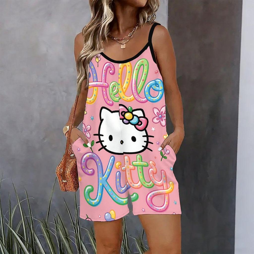 Womens Sleeveless Spaghetti Strap Romper Cartoon Cat Print Pocket Short Jumpsuit
