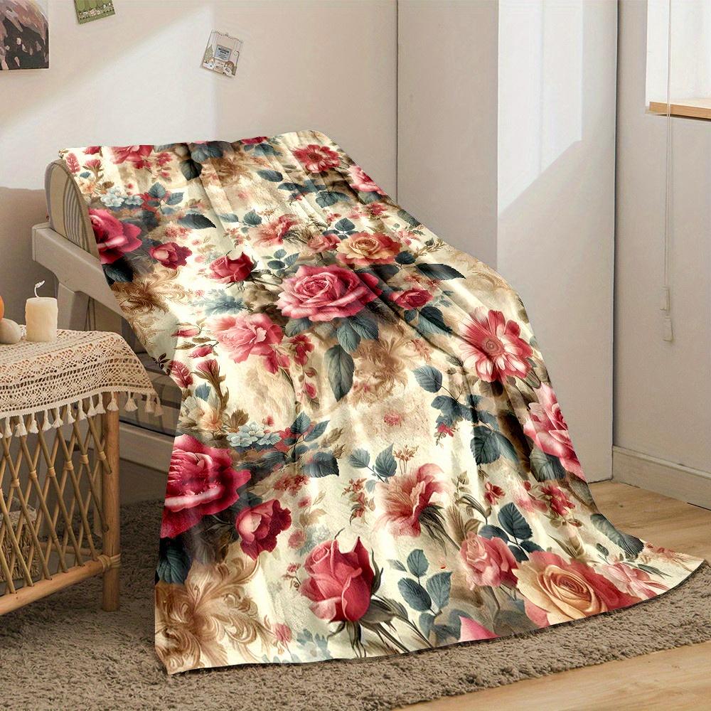 

[Мягкое винтажное одеяло с розами] Мягкое и высококачественное фланелевое покрывало с винтажным цветочным узором «Розы» | Цифровая печать, Нетканый P 70x100cm