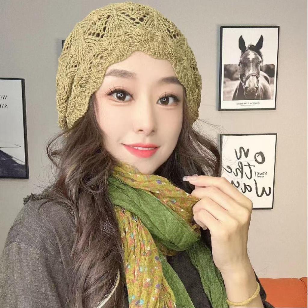 Women's Fashion Hollow Spring and Summer Hat Breathable Lace Thin Headscarf Knitted Slouchy Head Hat Hair Covering Hat