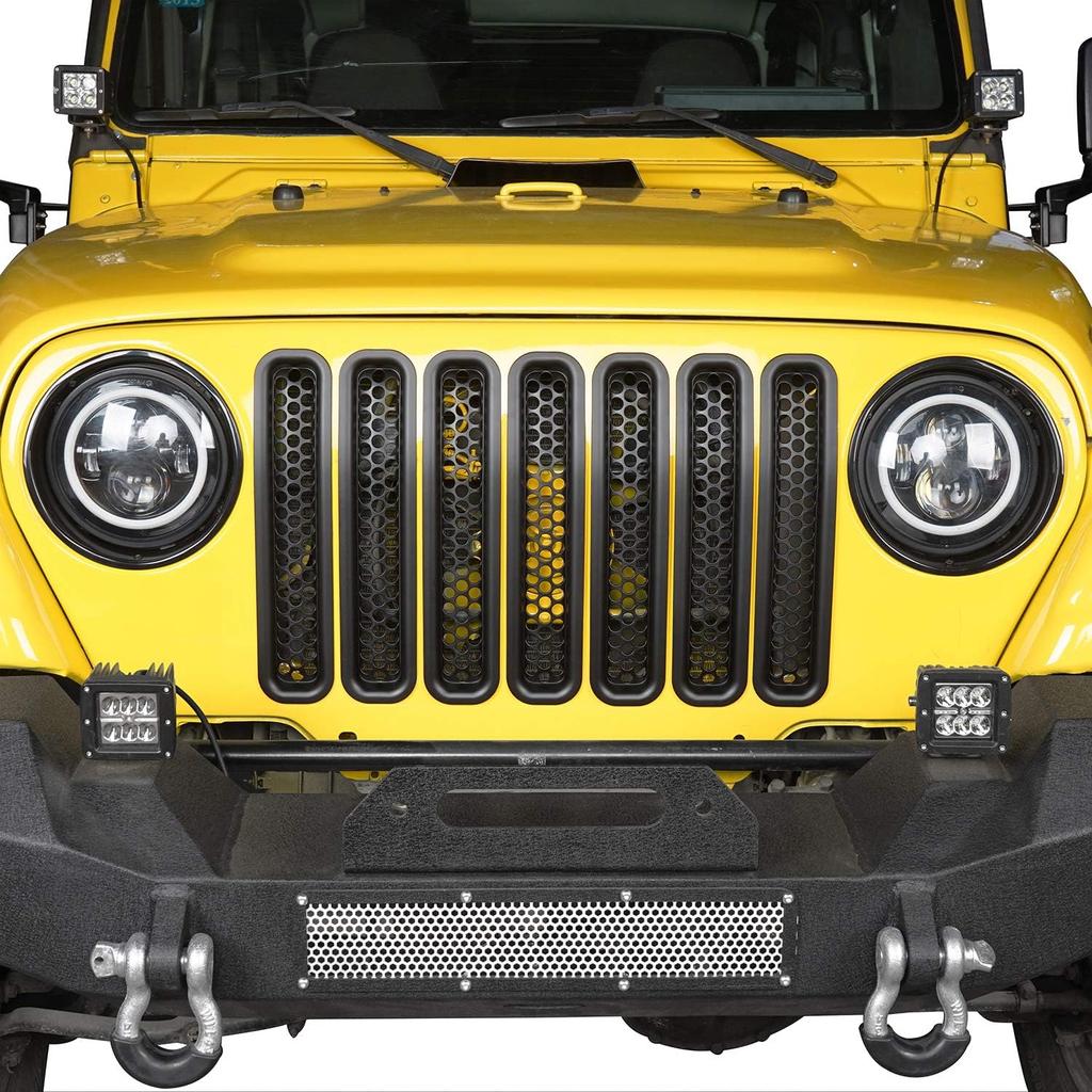 Hooke Road Wrangler Grill Mesh Erts Front Grille Guard Cover Clip-In Matte Black For 1997-2006 Jeep Wrangler TJ & Unlimited (Pack Of 7)