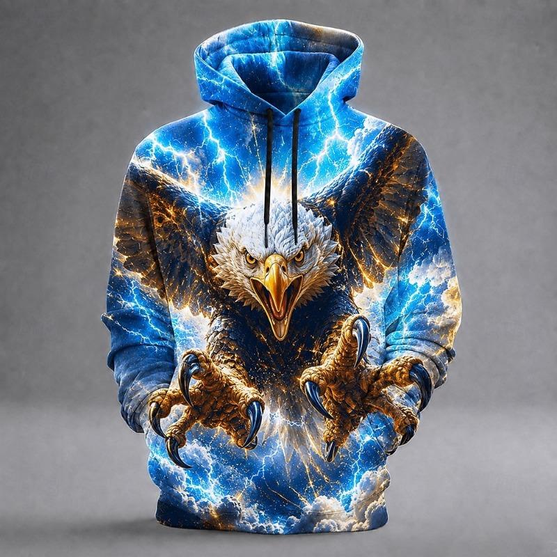 Men's Eagle 3D Printed Hoodie, Lightning Storm Eagle Graphic Sweatshirt, All Over Print Long Sleeve Pullover Streetwear