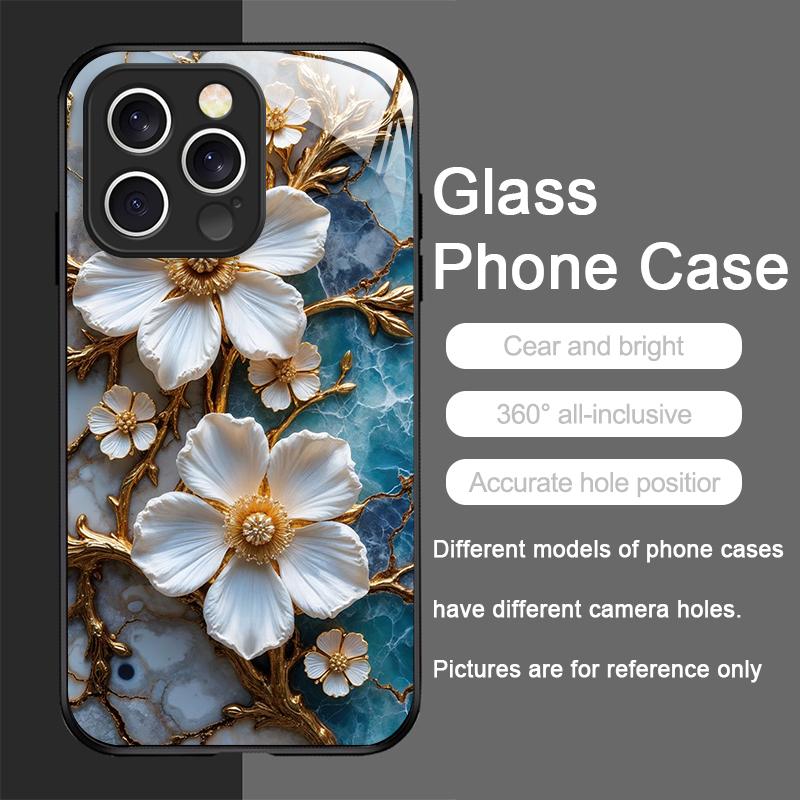 Stylish White Camellia Flower Marble Texture Tempered Glass Phone Case for IPhone 17 16 Pro Max 15 14 Plus 13 12 Mini 11 X Cover