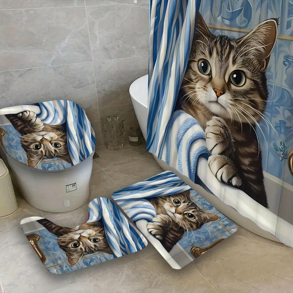 1/4 buc. Set Perdea de Duș Impermeabilă cu Model Pisică Drăguță de Lux Set Decorativ pentru Baie Covor Antiderapant Husă pentru Toaletă Covoraș de Baie și 12 Cârlige