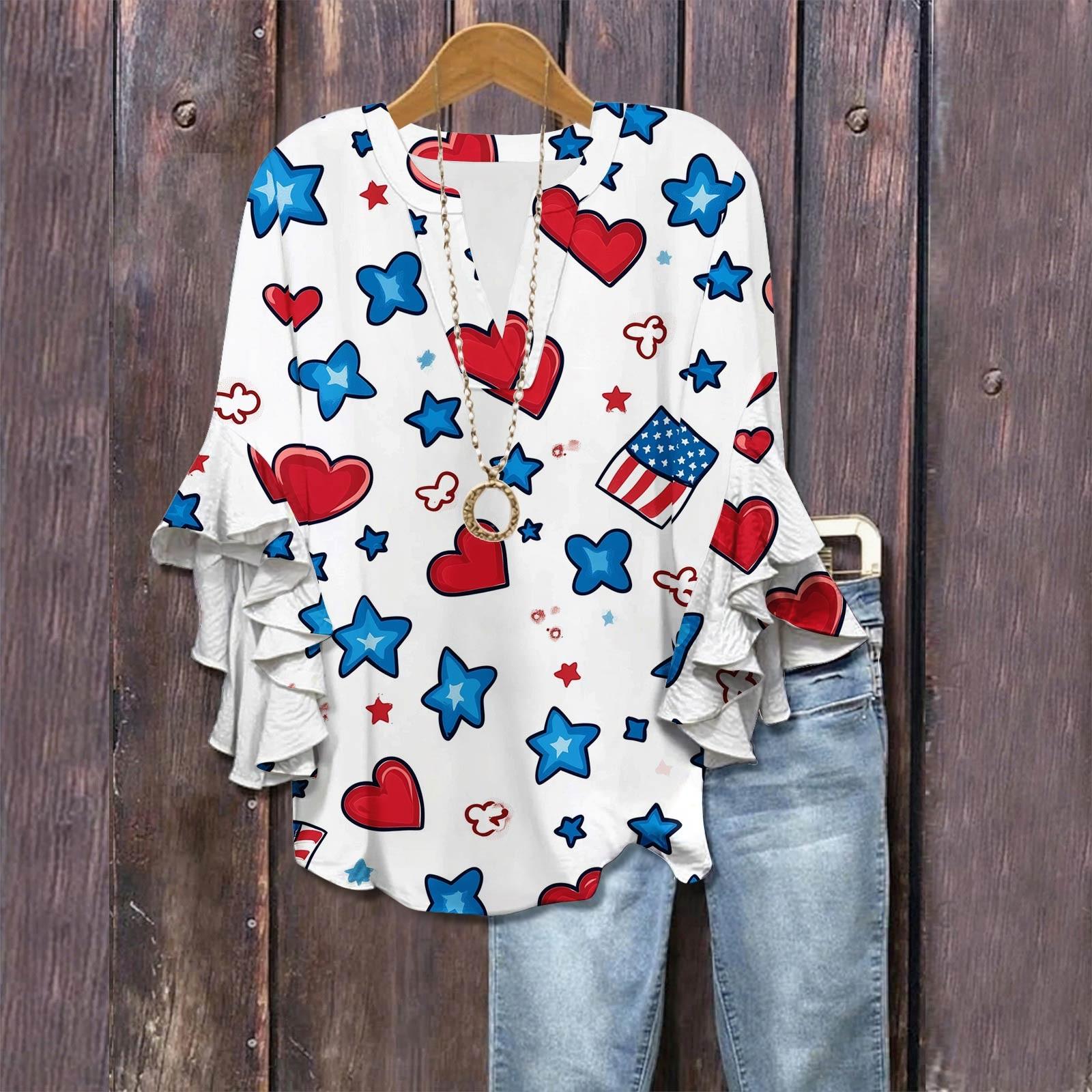 

3/4 Sleeve Shirts For Women Cute Print Graphic Tees Blouses Casual Plus Size Basic Ruffled Sleeve Tops Pullover XL білий