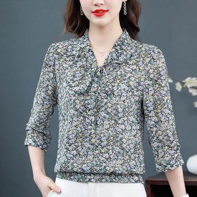 M-4XL Fashion Floral Chiffon Shirt Women Spring/Summer New Mom Bottoming Blouse Scarf Collar Bow 3/4 Sleeve Print Top