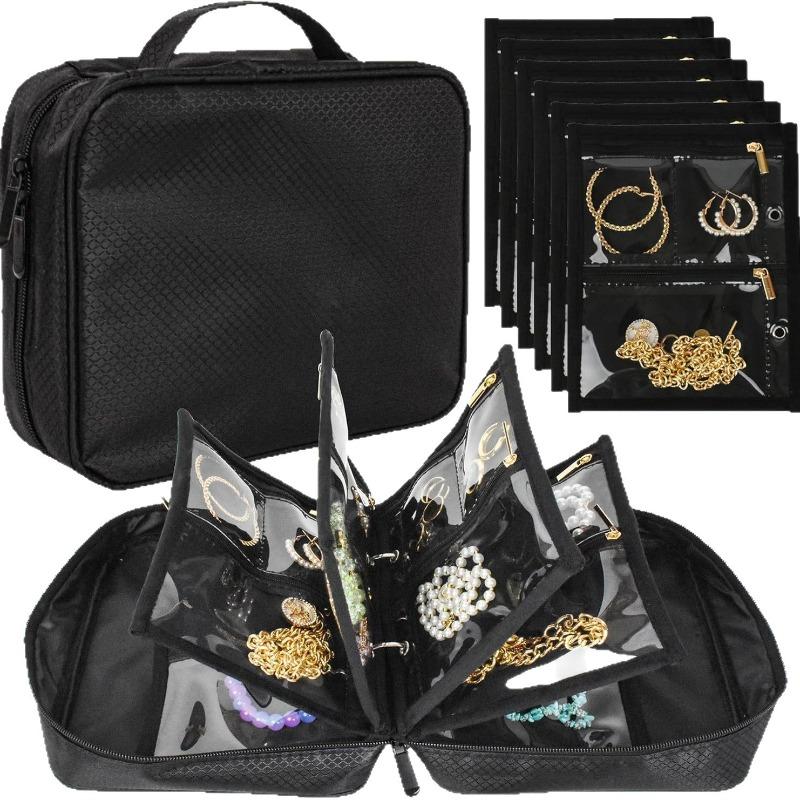 Transparent PVC Zipper Jewelry Travel Organizer with Velvet Interior Multi-Layer Folding Design for Necklaces Earrings Rings