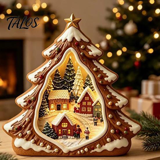 Christmas Tree Wooden Figurines Tabletop Decor with Warm LED Lights, 2D Printed Snow Village Scene Decorative Church And Sleigh Sets Santa Reindeer