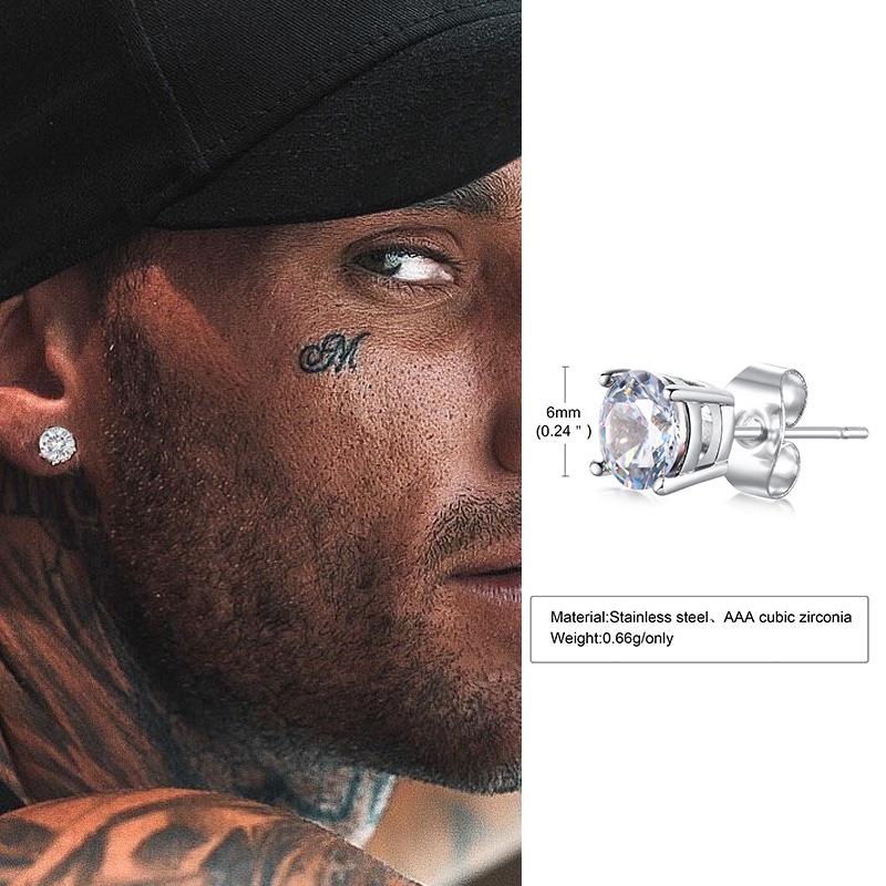 Mens Earrings, Square CZ Stud Earring, Princess Cut Earrings,Stainless Steel Butterfly Push Back Earrings,Man Jewelry