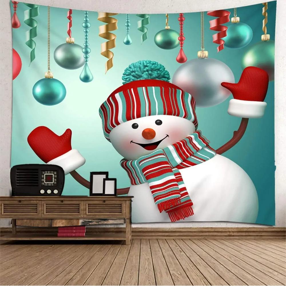 Snowman Snowflake Merry Christmas Tapestry New Year Winter Party Tapestry Wall Hanging Decor for Home Living Room Bedroom Dorm