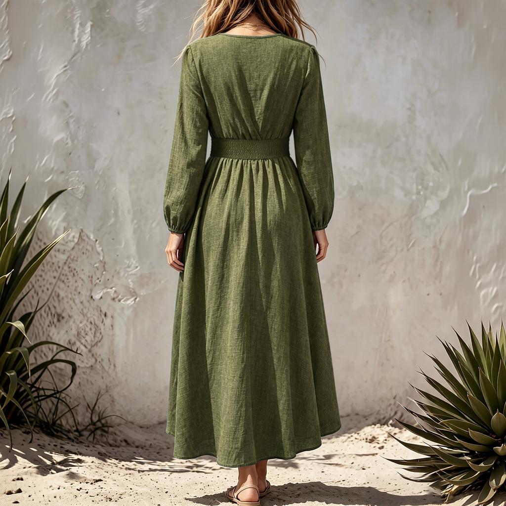Women's Elegant Color V-Neck Long Sleeve Fitted Waist Dress for Work Party Daily Wear