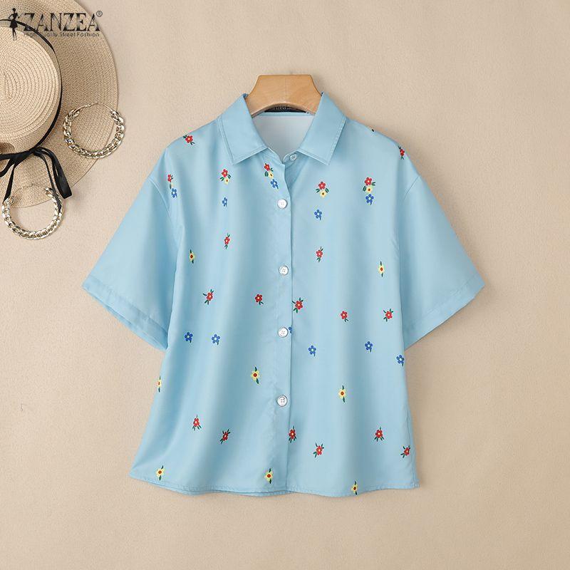 ZANZEA Women Casual Turn Down Collar Loose Floral Print Short Sleeve Blouse