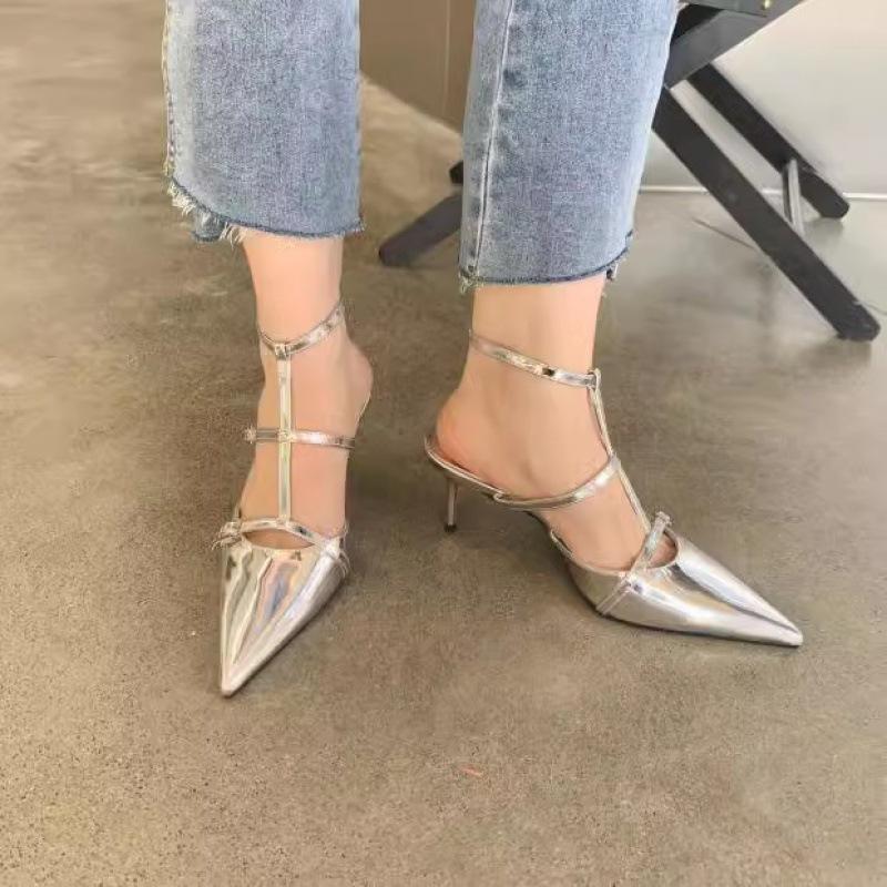 2025 Spring and Autumn New Fashion Minimalist Socialite Pointed Head Shallow Mouth Stiletto High Heels Women's Bag Head Empty Sandals