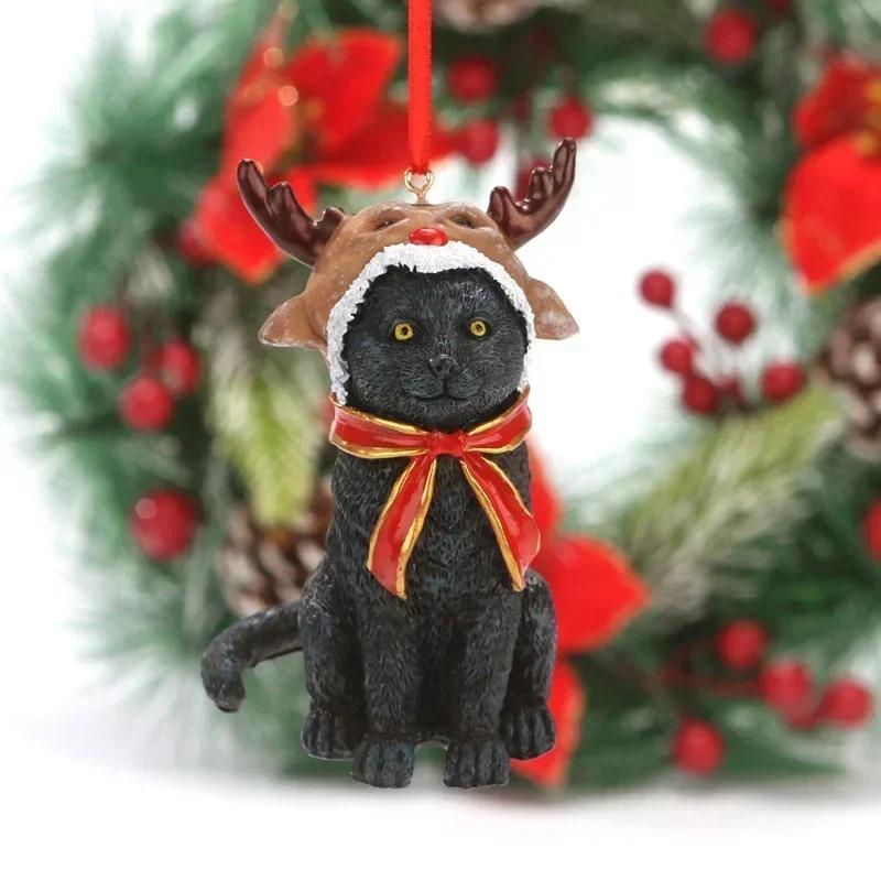 Christmas Cat Sculpture Pendant Resin Craft Figurines Hanging Decorations for Desktop Xmas Tree Holiday Party Home