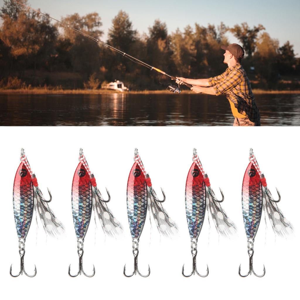 5Pcs Artificial Fishing Lure Lifelike Fishing Bait with Treble Hook for Saltwater Freshwater Red Head Silver Body