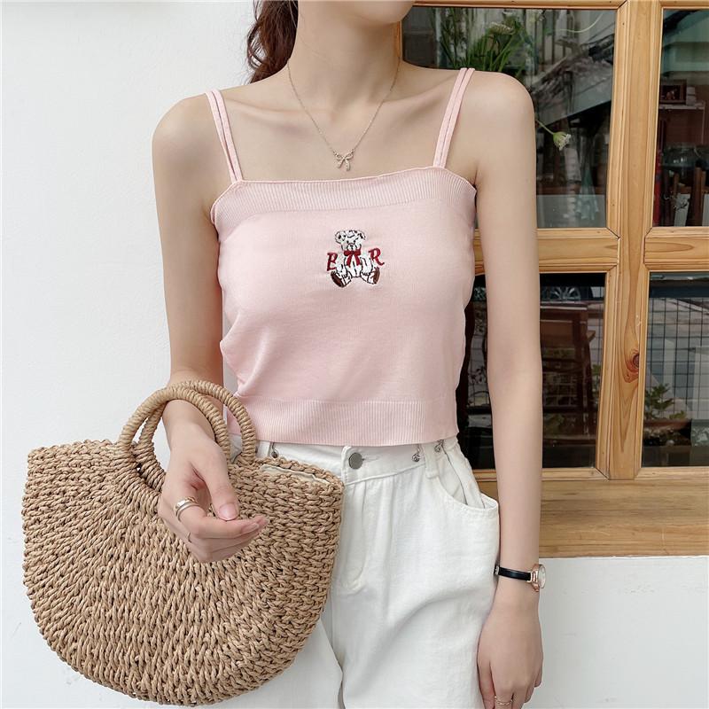 Summer New Women's Wear Korean Style Embroidery Bear All Knitted Waistcoat with A Small Waistcoat with A Bottom