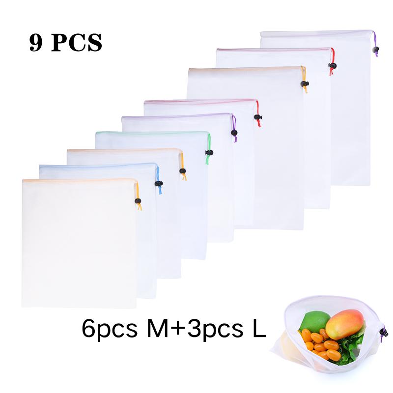 3/9/15pcs Fruit Vegetable Storage Mesh Bags Reusable Net Bags Kitchen Food Organizer Washable Toys Grocery Storage Packaging Bag