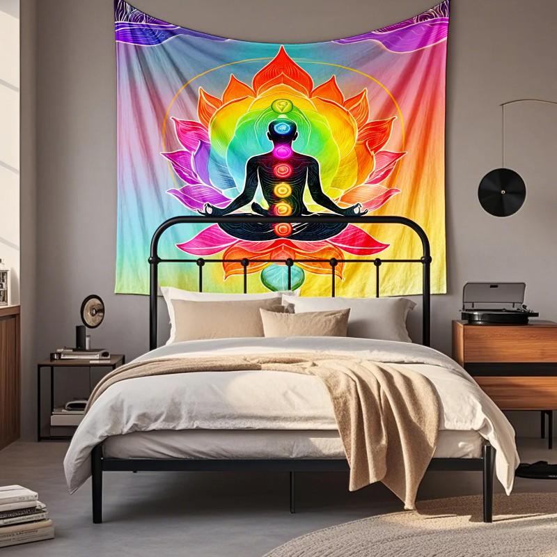Boho Chic Wall Tapestry With Moon Phase Floral Starry Sky Design Bedroom Yoga Studio Decor