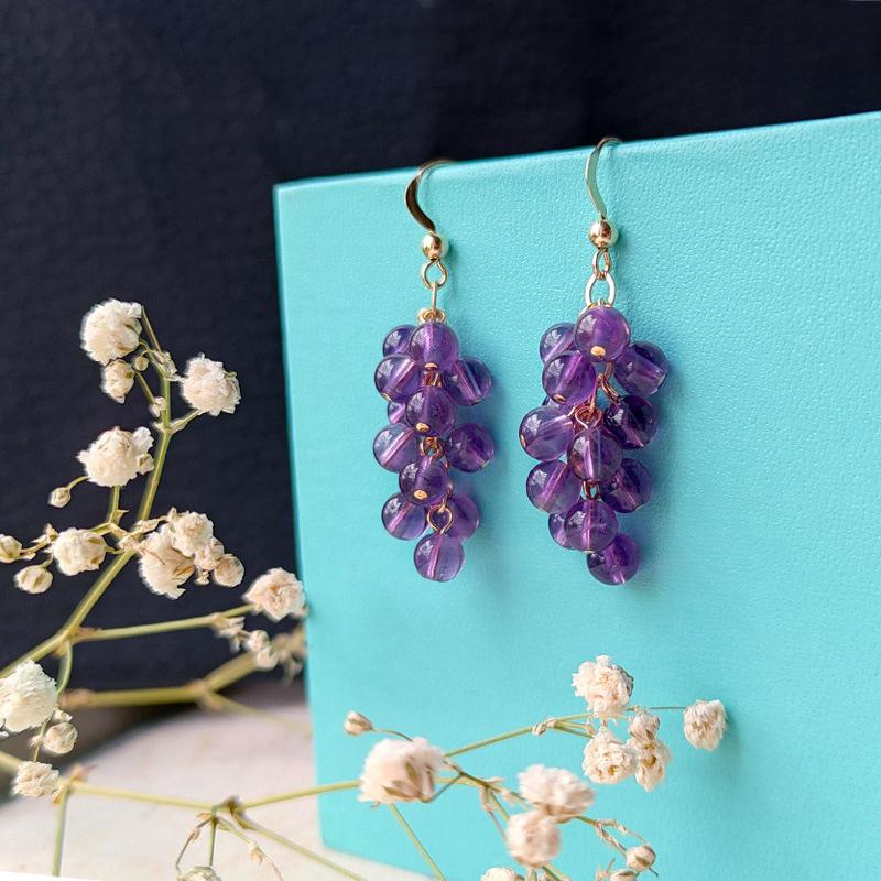 New Chinese Grape-shaped Purple Glass Beads Fringed Ear Hooks Fashionable Versatile Temperament Earrings Niche Simple Earrings Women