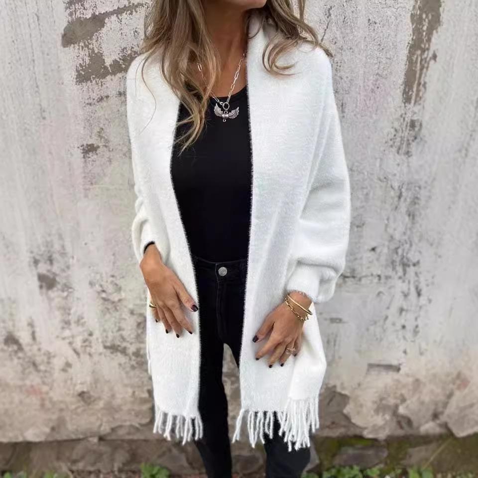 2024 Women's Casual Knit Plush Tassel Shawl Coat