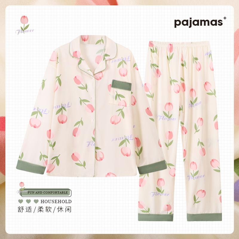 Baumwollimitat Pyjama Damen Herbst pastoral floral langärmlig lässige Mode Loungewear mittelgrüner Anzug