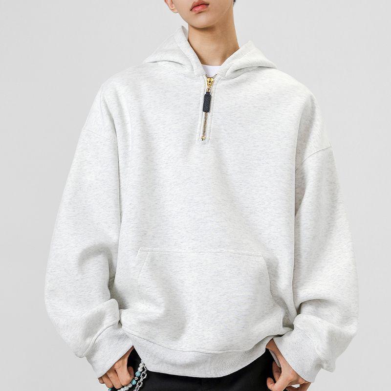 Solid Color Half Zip Hooded Sweatshirt Men Loose Casual Daily Pullover Hoodie
