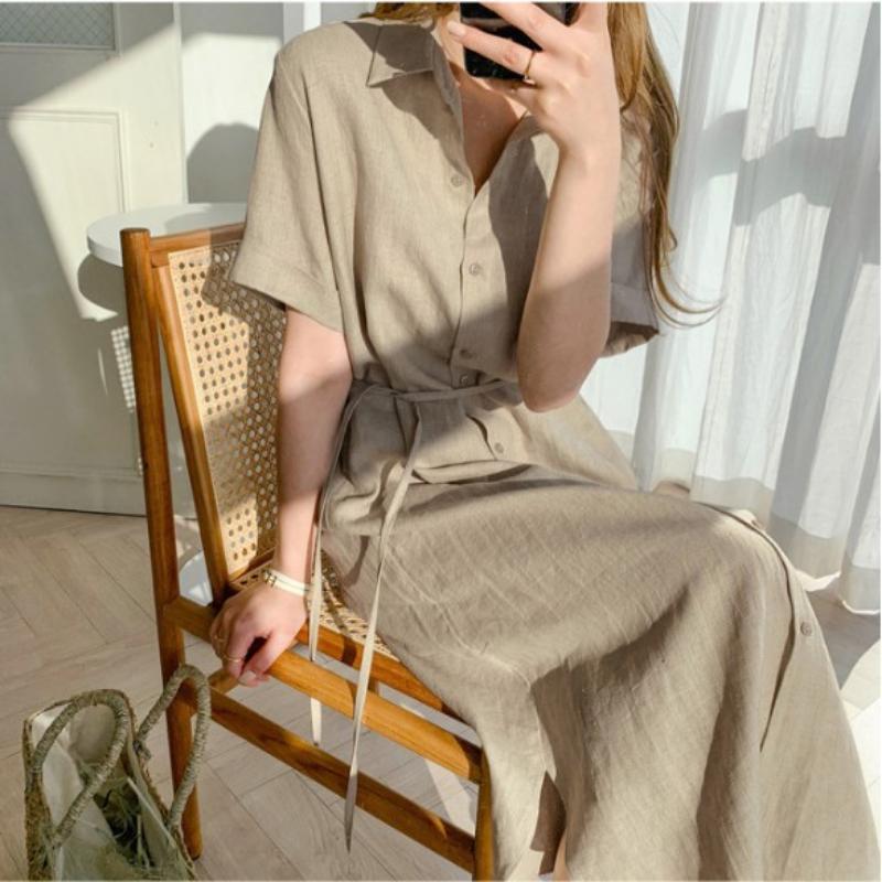 Linen Shirt Dress - Oversized Button Down Belted Waist Dress, Casual Short Sleeve Minimalist Tunic with Pocket, Breathable Summer Dress for Women
