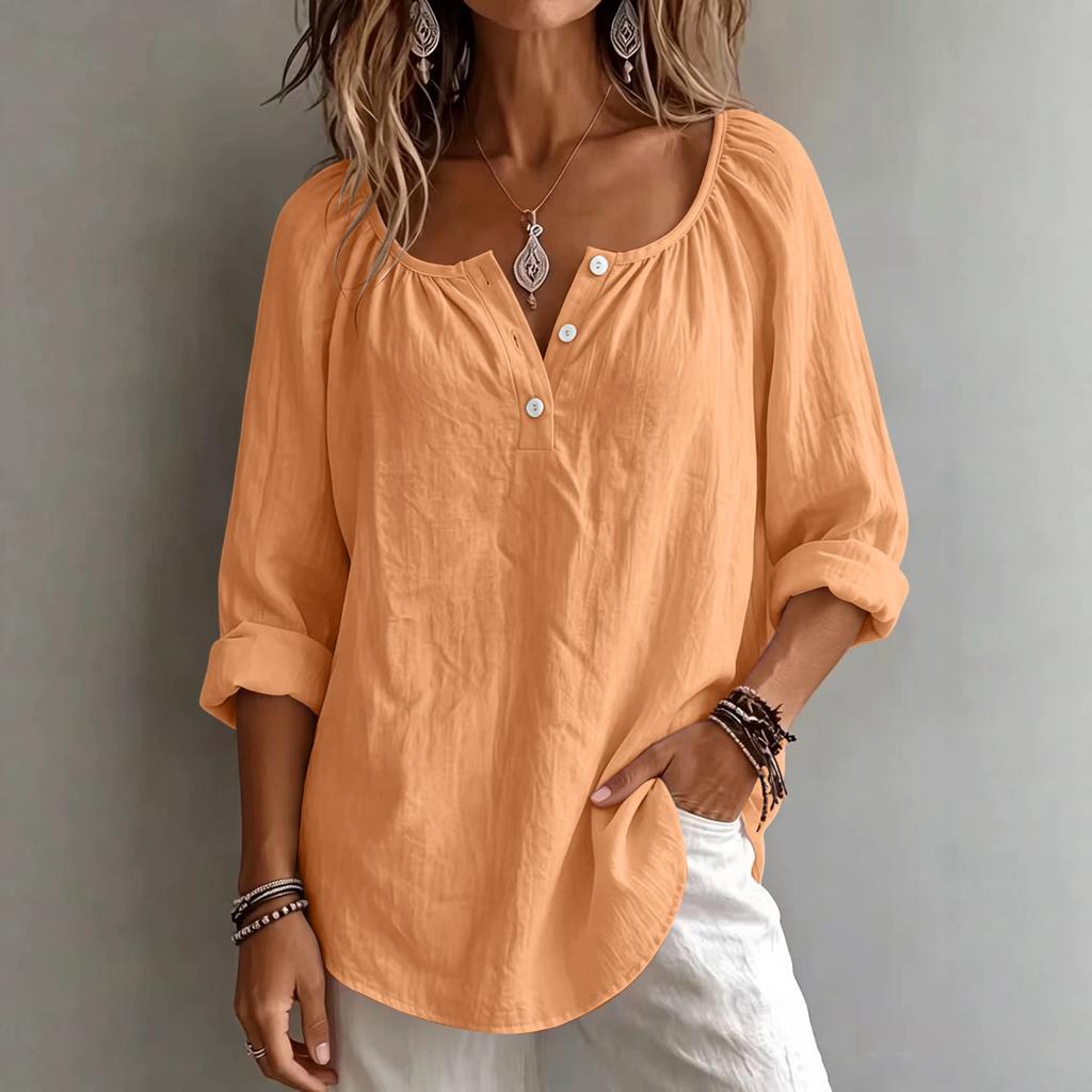 T-shirt décontracté à col en V et manches longues pour femme - Coupe ample - Pull - Haut de couleur