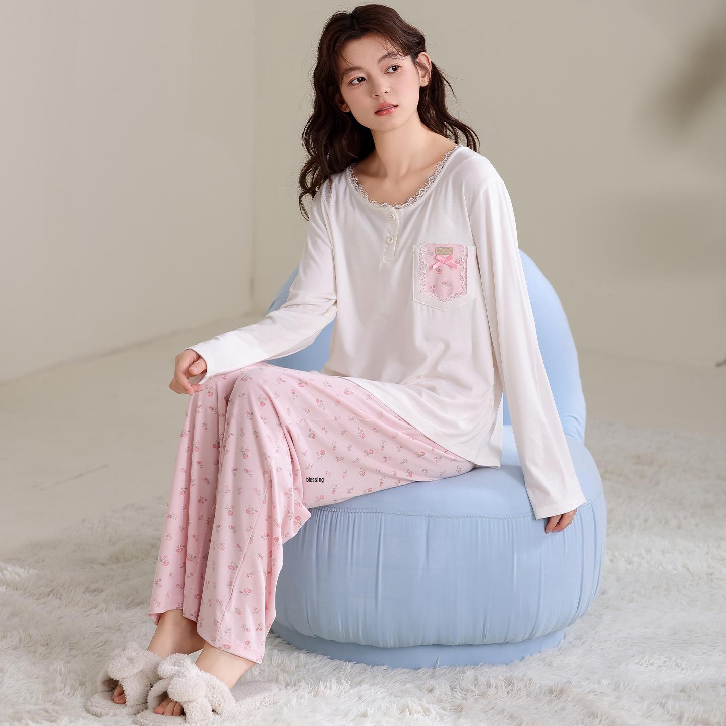 

Женский антибактериальный модальный пижамный комплект: Комплект с длинным рукавом и брюками для весны/осени, удобная и милая домашняя одежда. M (height 150-155cm, weight 80-100kg)