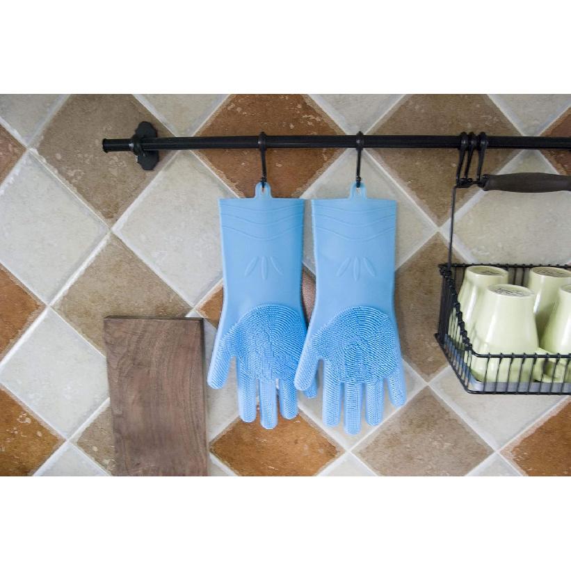 Dishwashing Gloves Silicone Reusable 2 sided Foaming Heat Resistant Scrubber for Kitchen 1 Pair